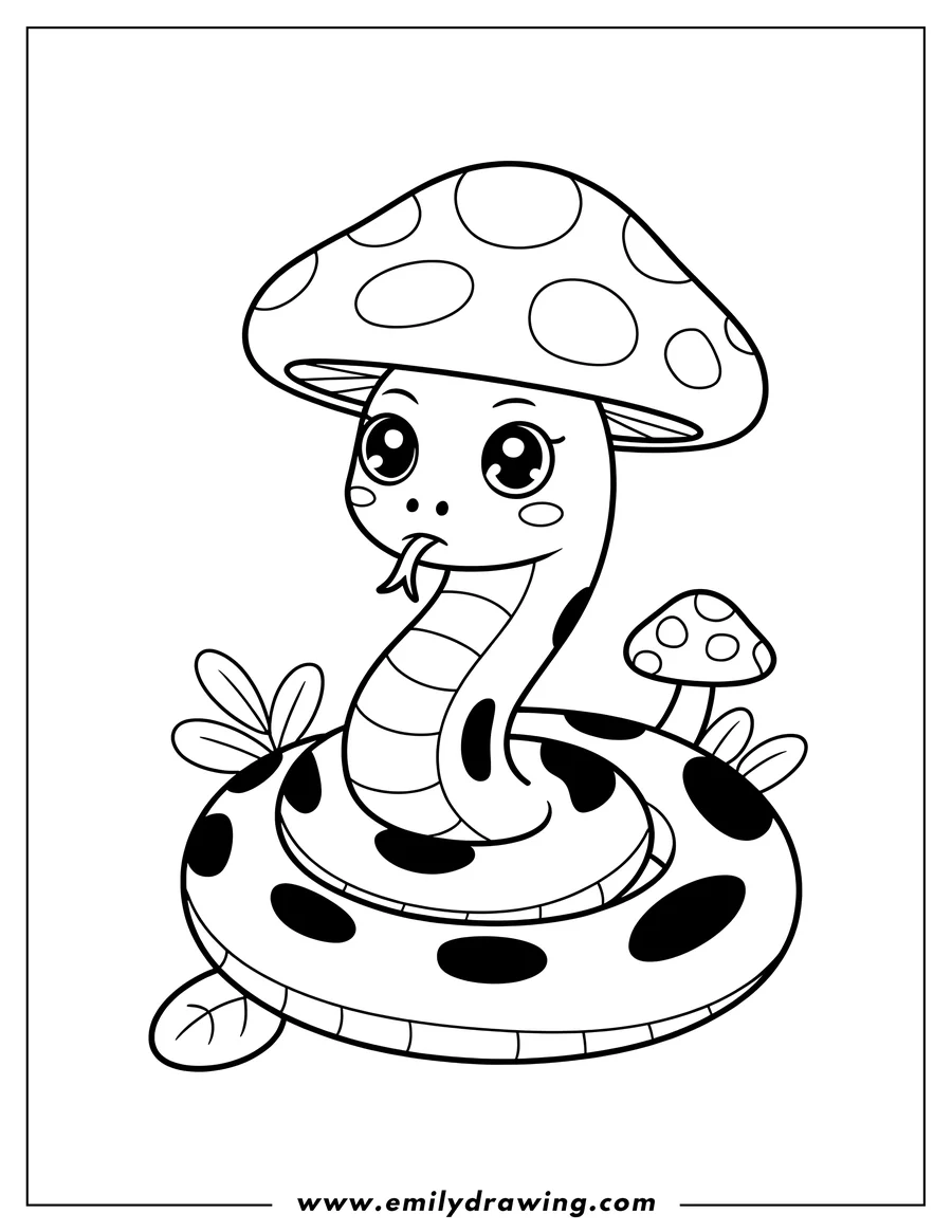Line art of a cute snake curled up under a spotted mushroom, with a smaller mushroom beside it.
