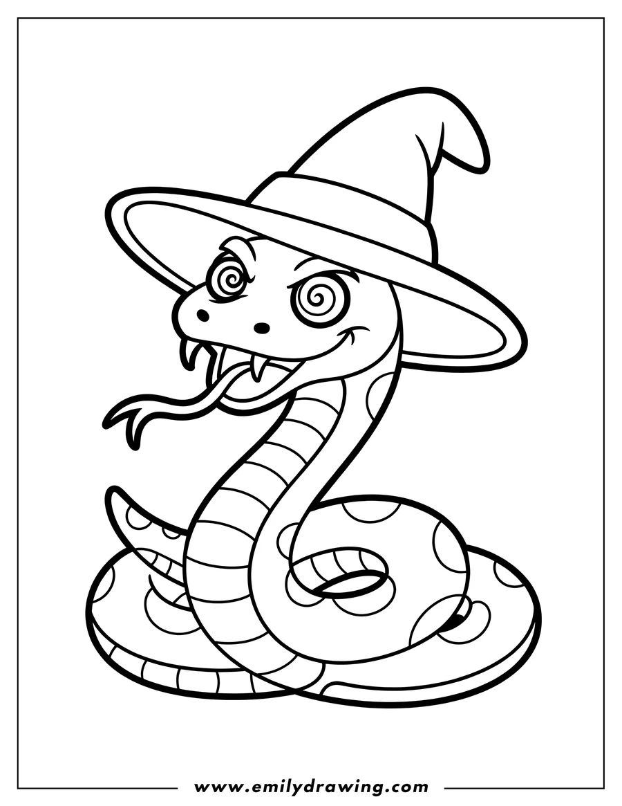 Line art of a snake wearing a witch's hat. It's coiled up and sticking out its tongue.