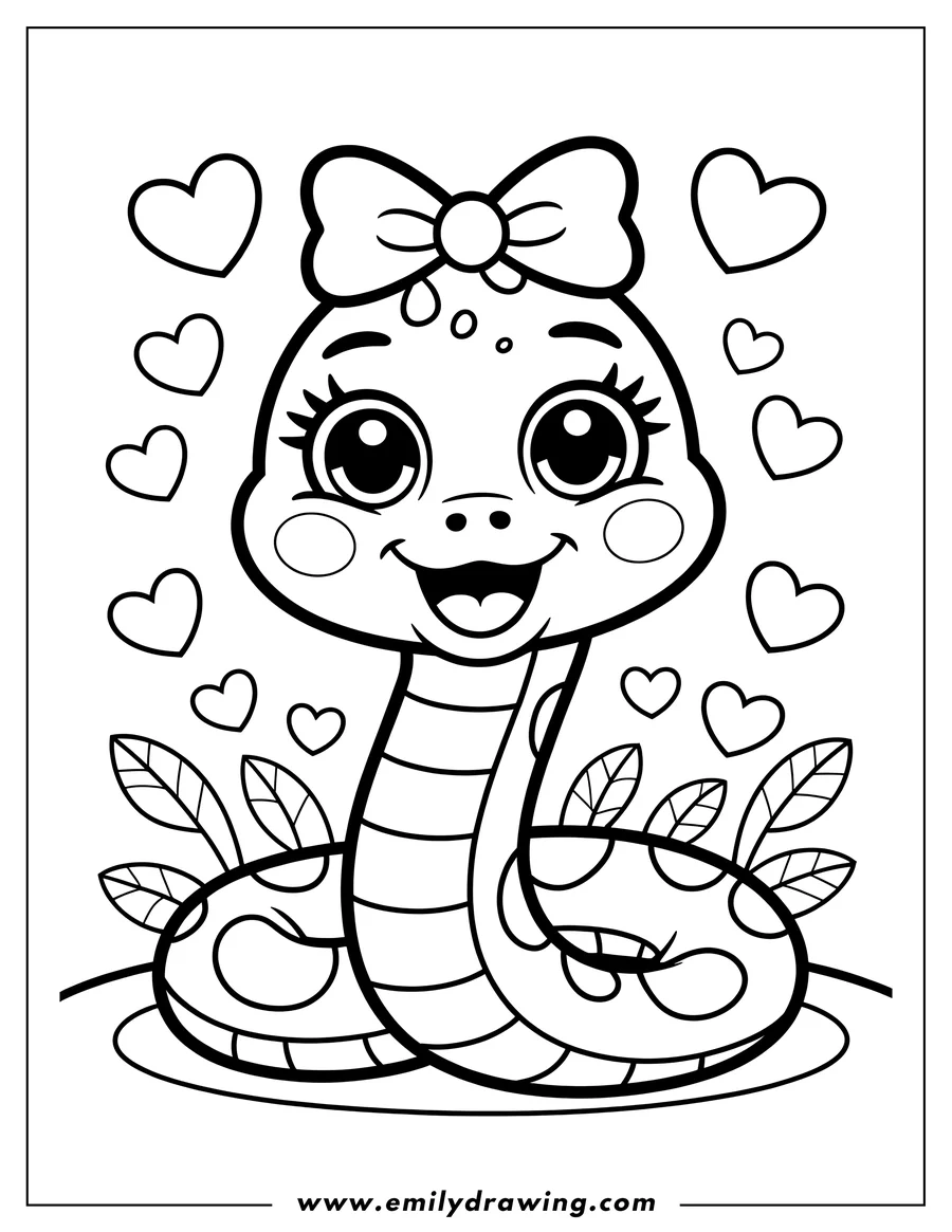 Line art of a snake with a bow on its head, surrounded by hearts.