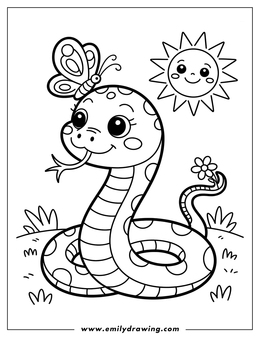 Outline of a friendly snake with a butterfly on its head and a flower on its tail, with a smiling sun in the background.