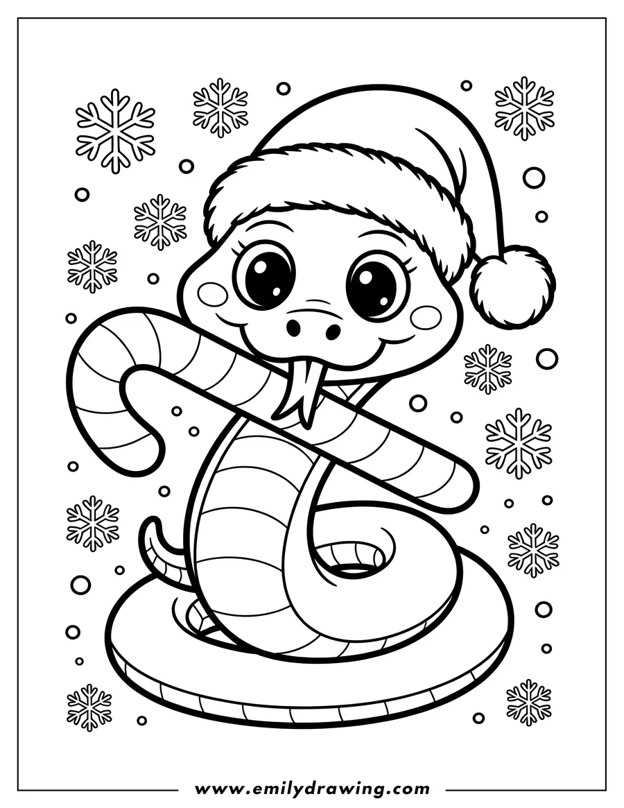 Line art of a snake wearing a Santa hat and holding a candy cane surrounded by snowflakes.