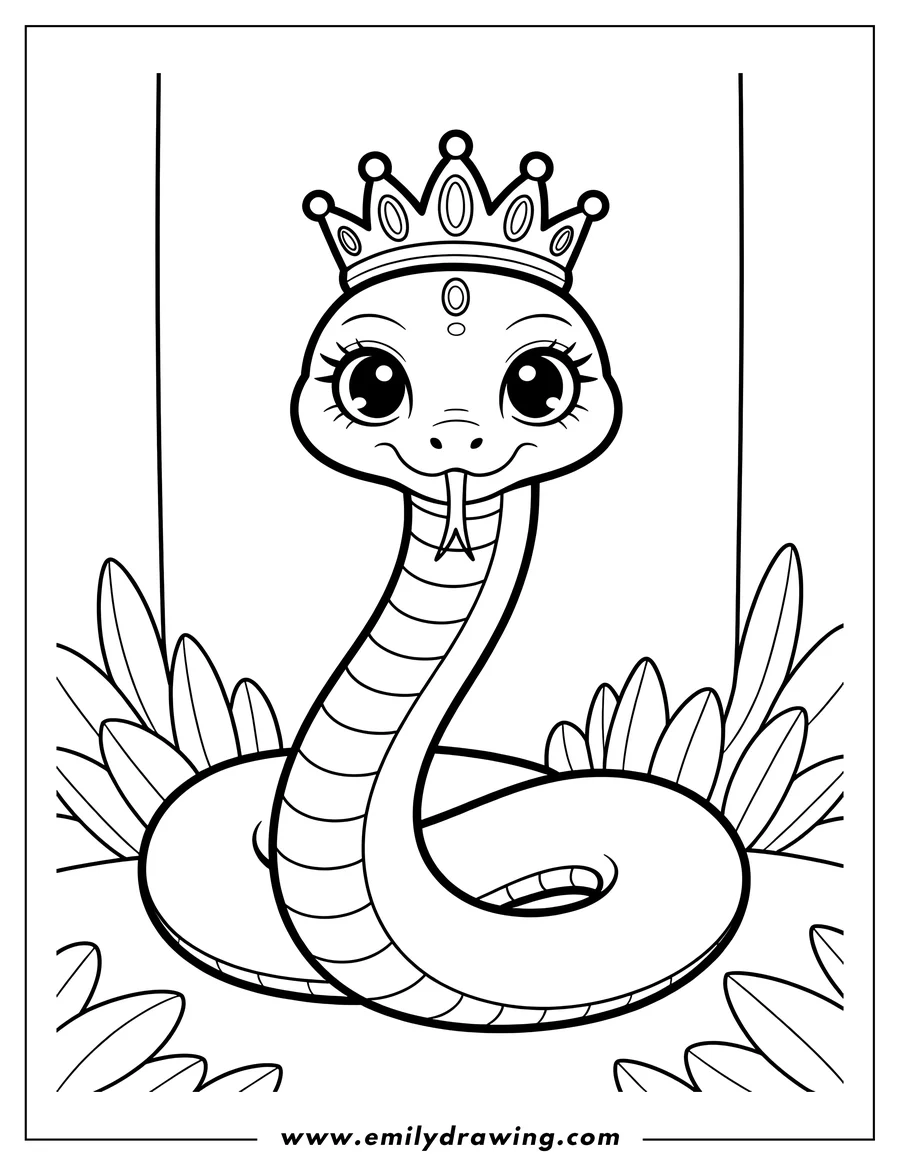 Outline of a snake wearing a crown, surrounded by simple leaves.