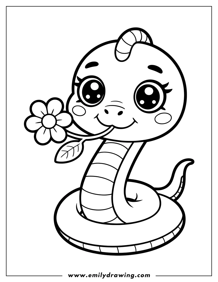 Line art of a happy snake holding a flower in its mouth.