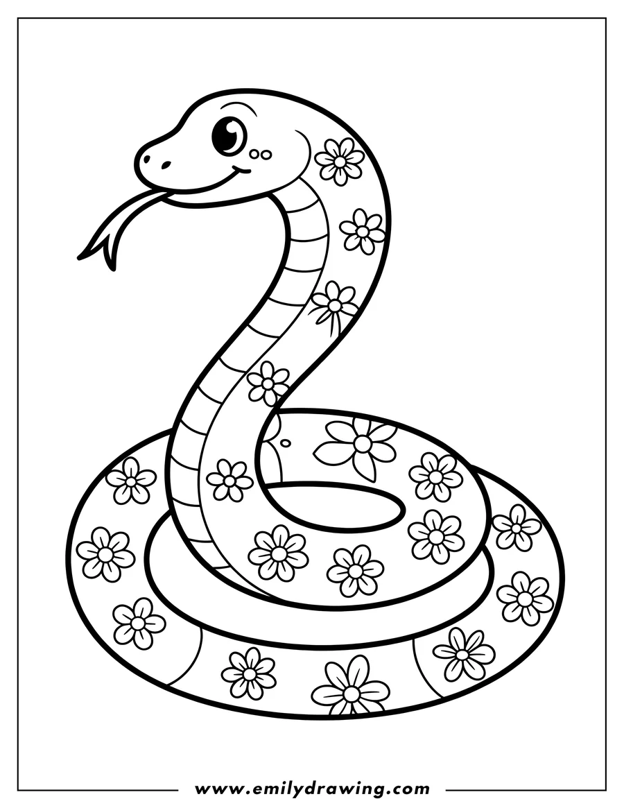 Outline of a friendly snake with flower patterns on its body.