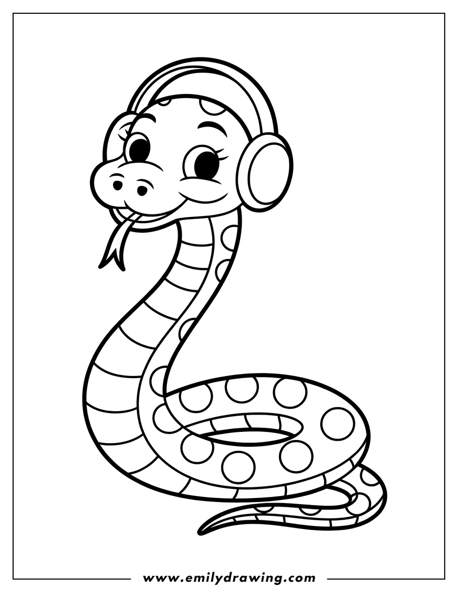 Line art of a snake wearing headphones, ready to be colored.