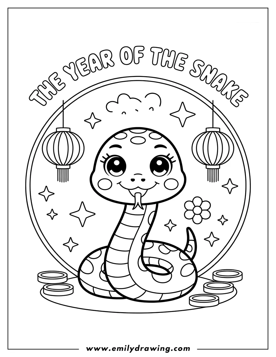 Line art of a snake with lanterns, stars, and coins, ready to be colored in.