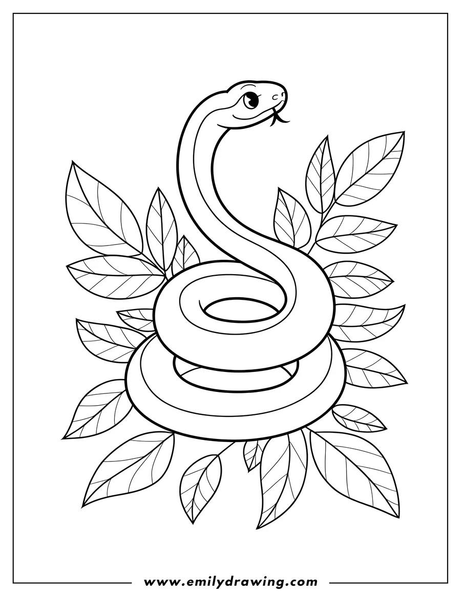 Line art of a snake coiled amongst leaves.