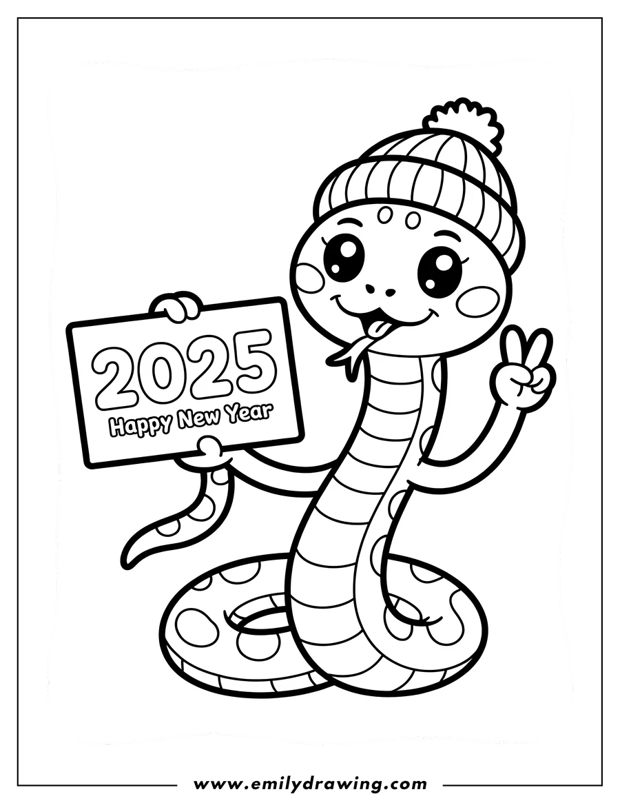Line art of a snake wearing a winter hat and holding a sign that says
