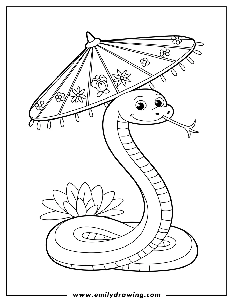 Line art of a snake sitting with a decorative parasol and flowers.