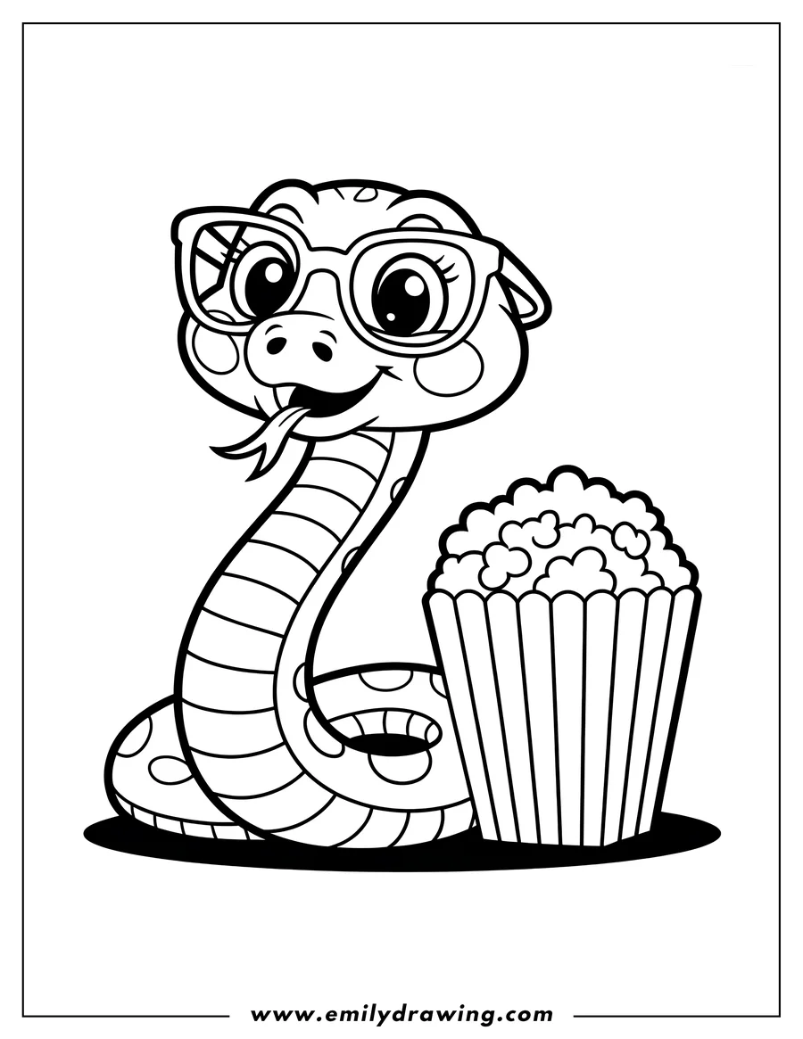 Line art of a snake wearing glasses with a bucket of popcorn beside it.