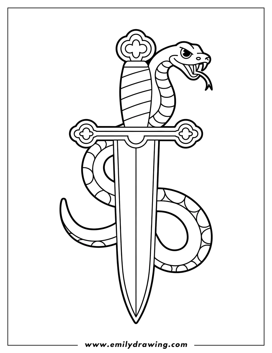 Line art of a snake wrapped around a dagger. The snake's head is near the top of the dagger and its fangs are out.
