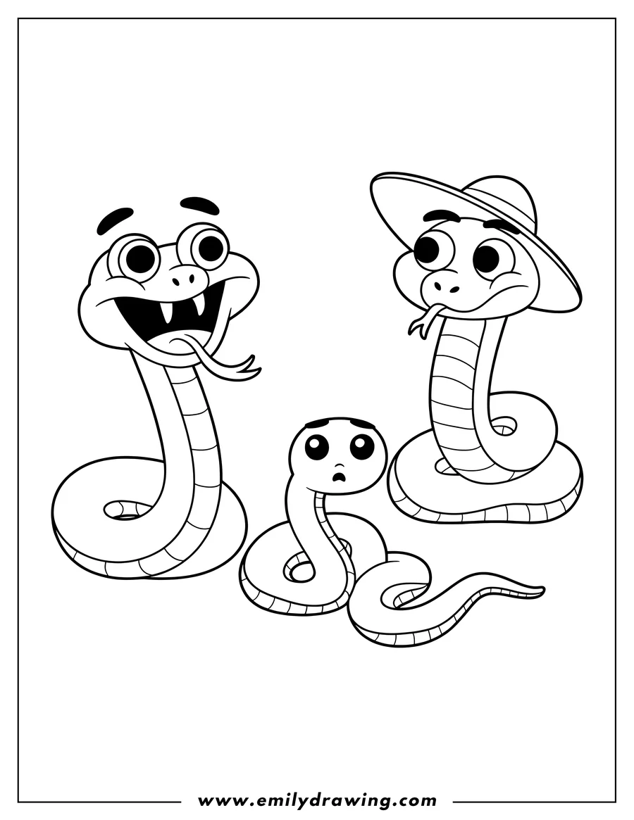 Line art of three snakes. One snake is wearing a hat, one is sticking its tongue out, and the third looks worried.