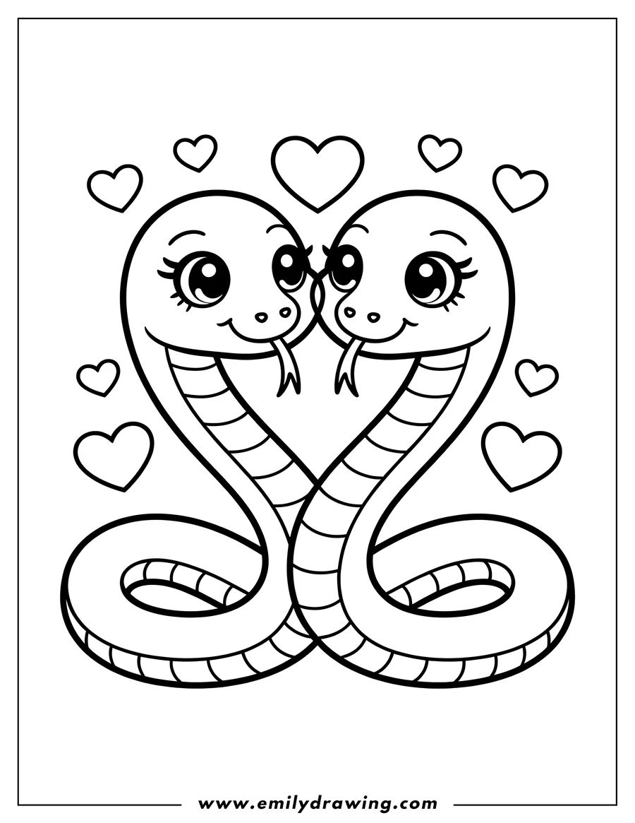 Outline of two snakes facing each other with hearts floating around them, creating a Valentine's Day theme.