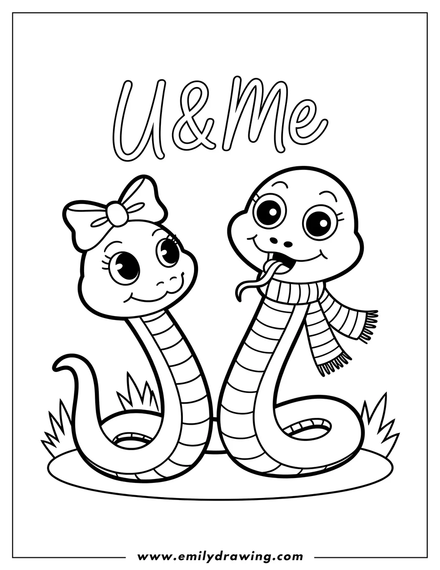 Two friendly snakes, one with a bow and the other with a striped scarf, ready to be colored.