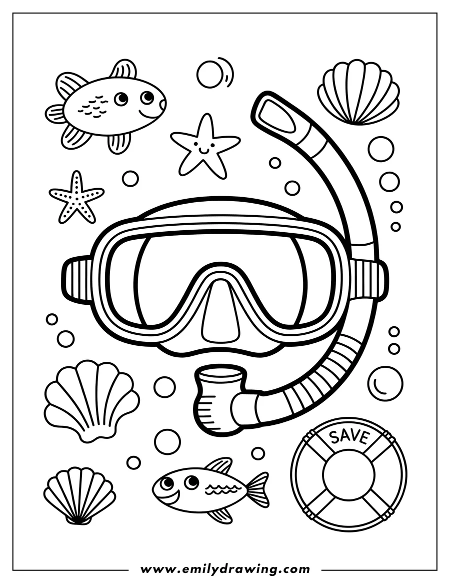 Line art of snorkel gear, two fish, seashells, starfish, bubbles, and a life preserver.