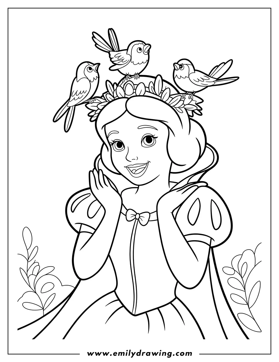 Line art of Snow White with three small birds perched on a flower and leaf crown on her head. She is smiling and wearing her classic princess gown.