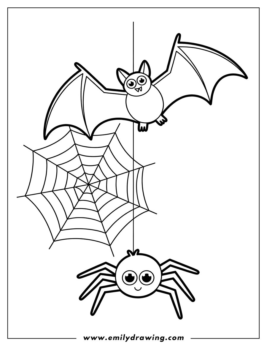Outline of a spider and a bat hanging from a spiderweb.