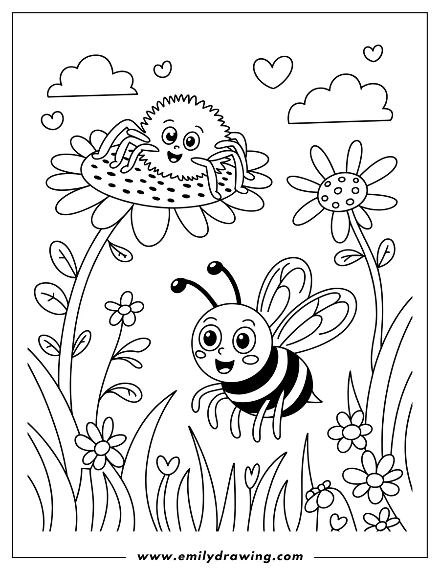 Outline of a spider sitting on a large flower and a bee flying nearby, surrounded by smaller flowers, grass, clouds, and hearts.