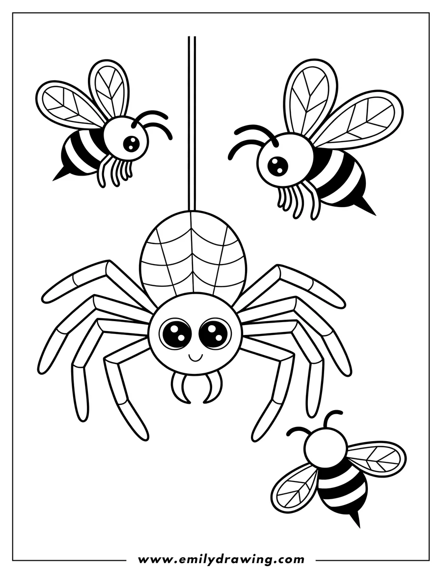 Outline of a spider hanging from its web with three friendly bees nearby.