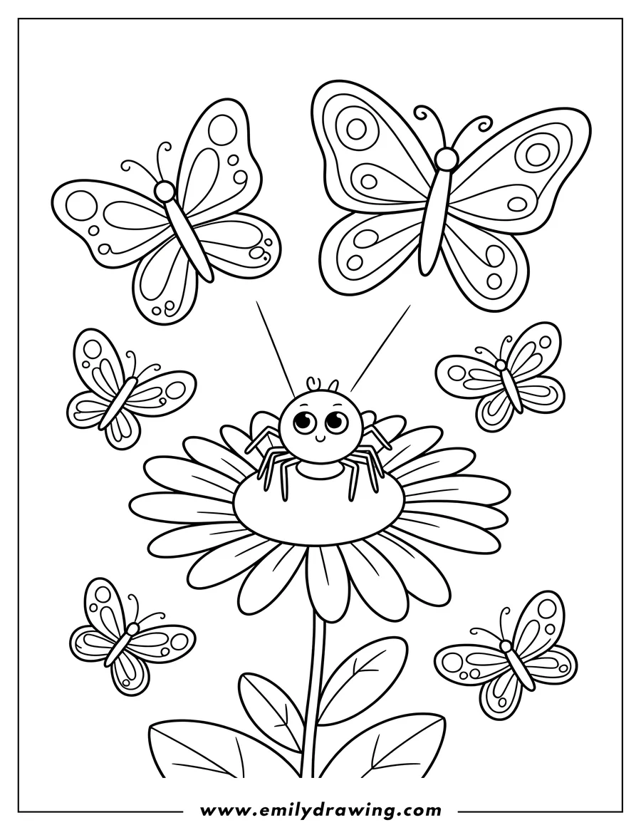Line art of a spider sitting on a flower with butterflies fluttering around.