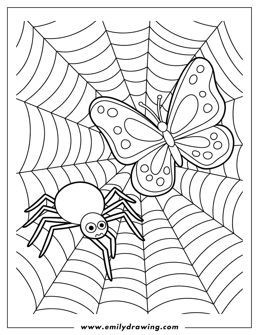 Outline of a spider and a butterfly caught in a spiderweb.