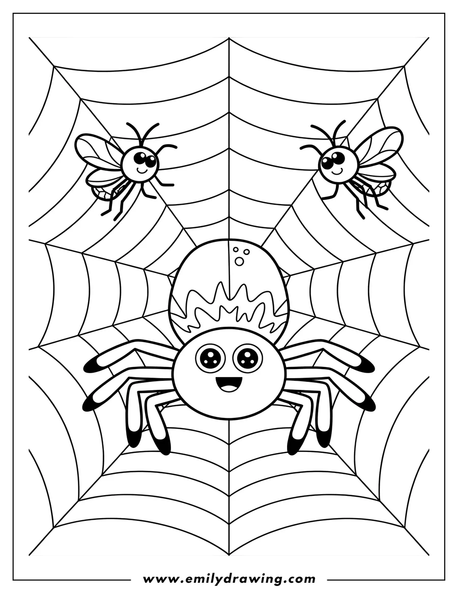 Line art of a happy spider in its web with two flies caught.