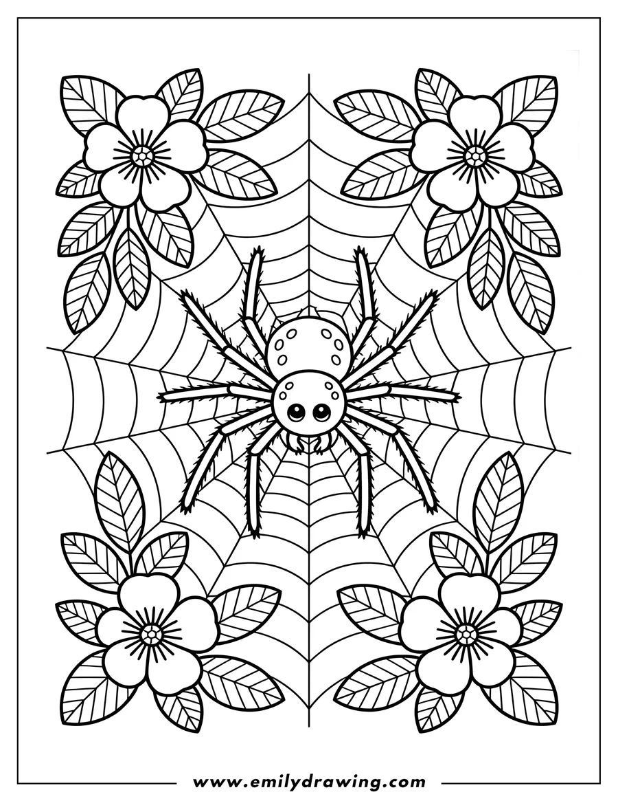 Outline of a spider sitting on its web, with flowers and leaves surrounding it.