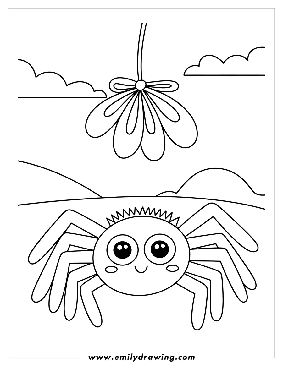 Line art of a spider with large eyes and a smiling face, positioned beneath a hanging flower with a tied bow.