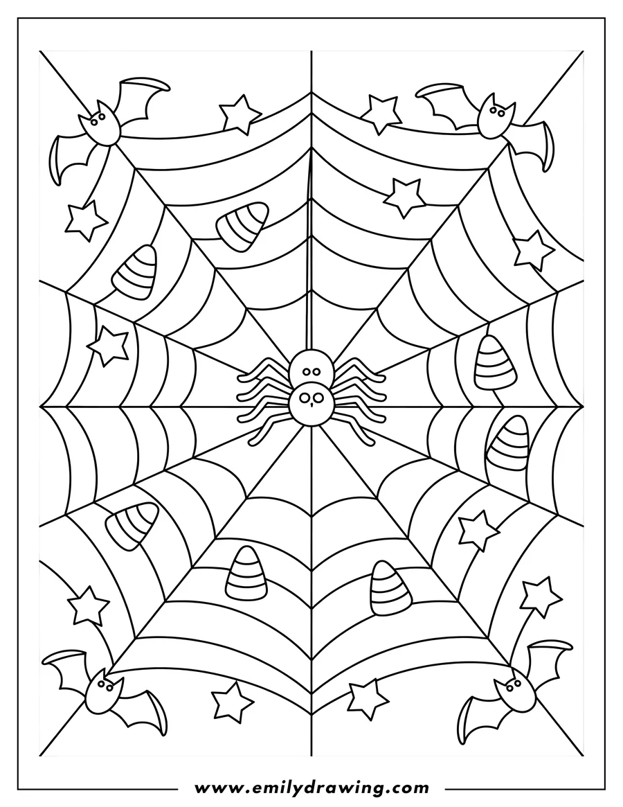 Line art of a spider hanging in its web, surrounded by candy corn, stars, and bats.