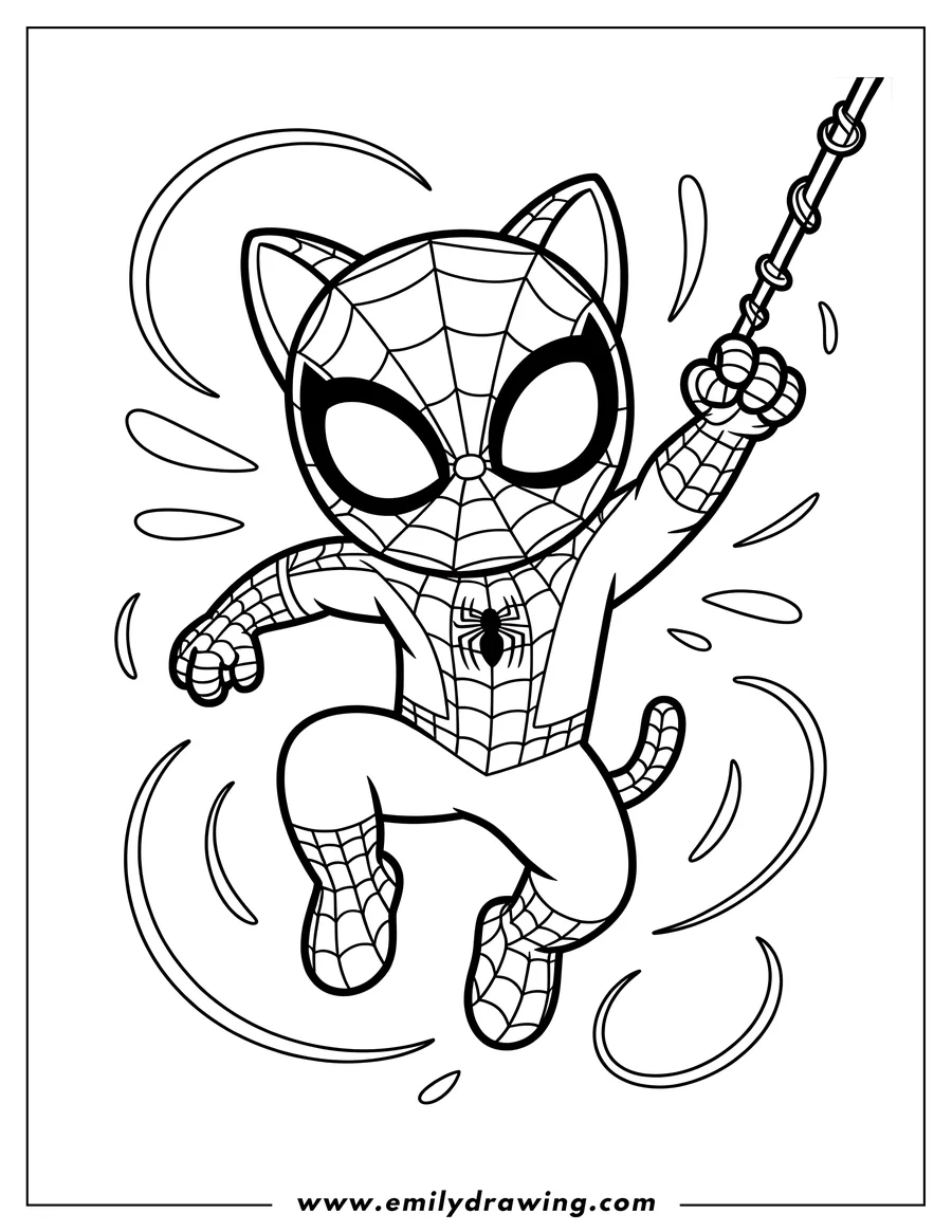 Line art of Spider-Cat swinging from his web.