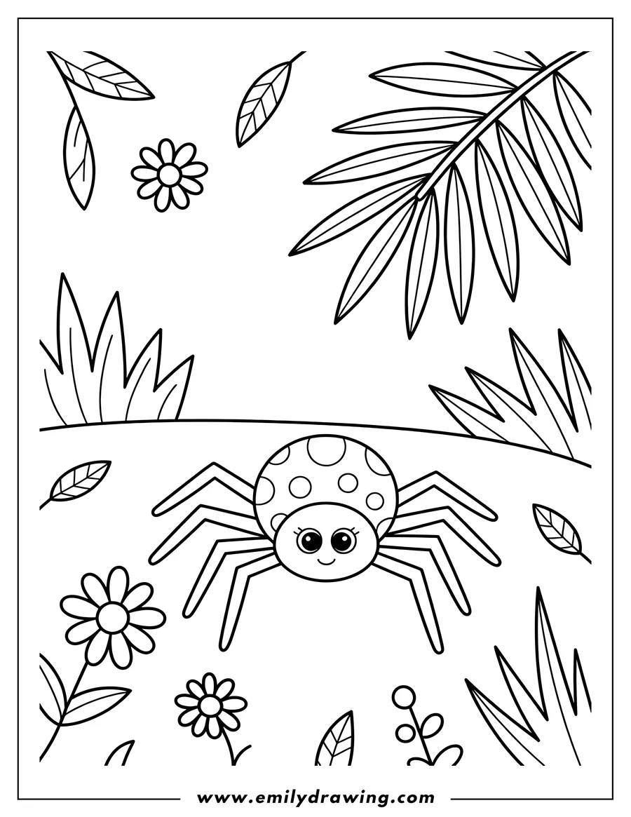 Outline of a cute spider with spots, surrounded by simple flowers, leaves, and grass.
