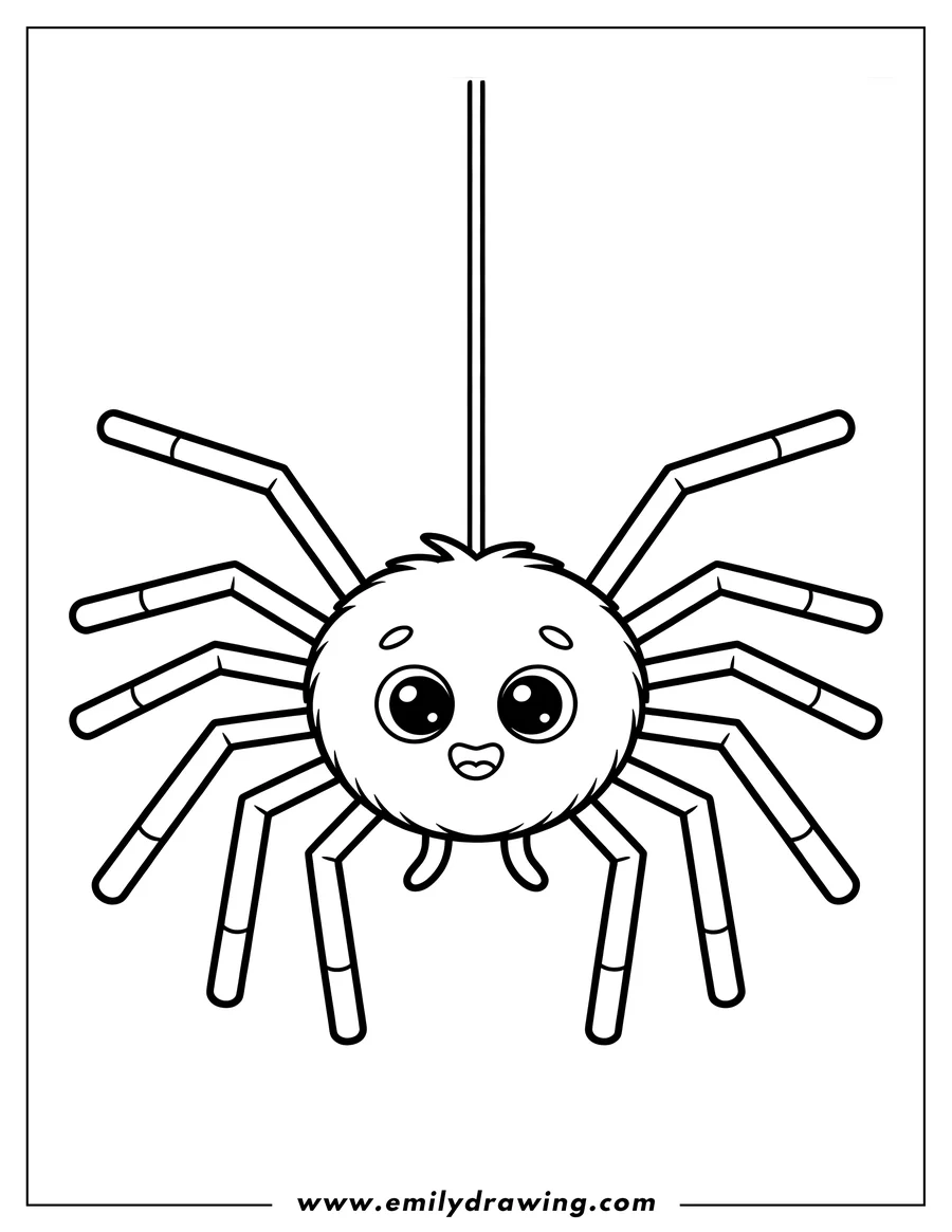 Line art of a cute spider dangling from a thread. It has big, round eyes and a happy expression.