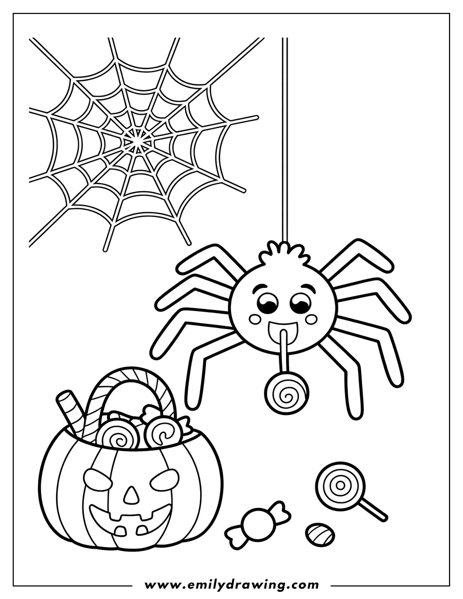 Outline of a spider hanging from its web, enjoying a lollipop, with a pumpkin basket full of Halloween candy below.