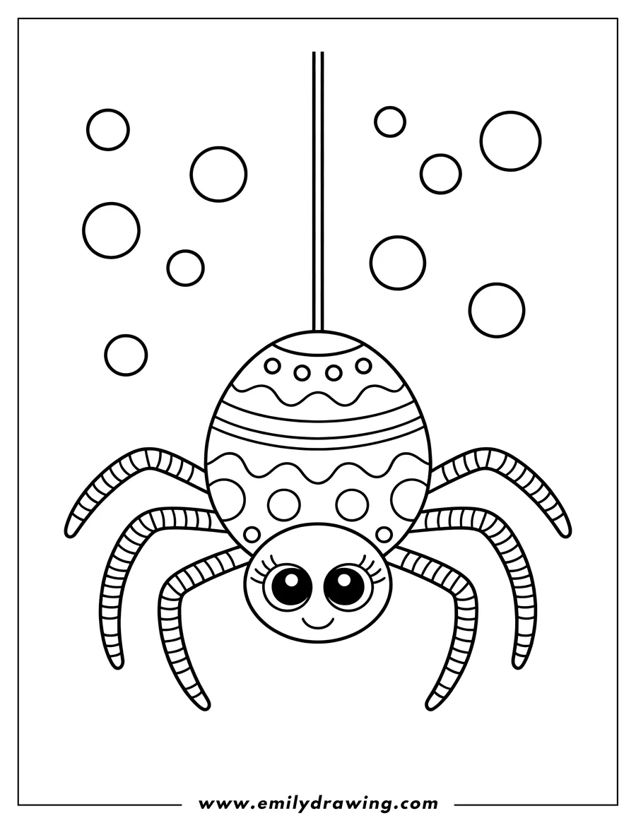 Line art of a spider hanging from a thread.