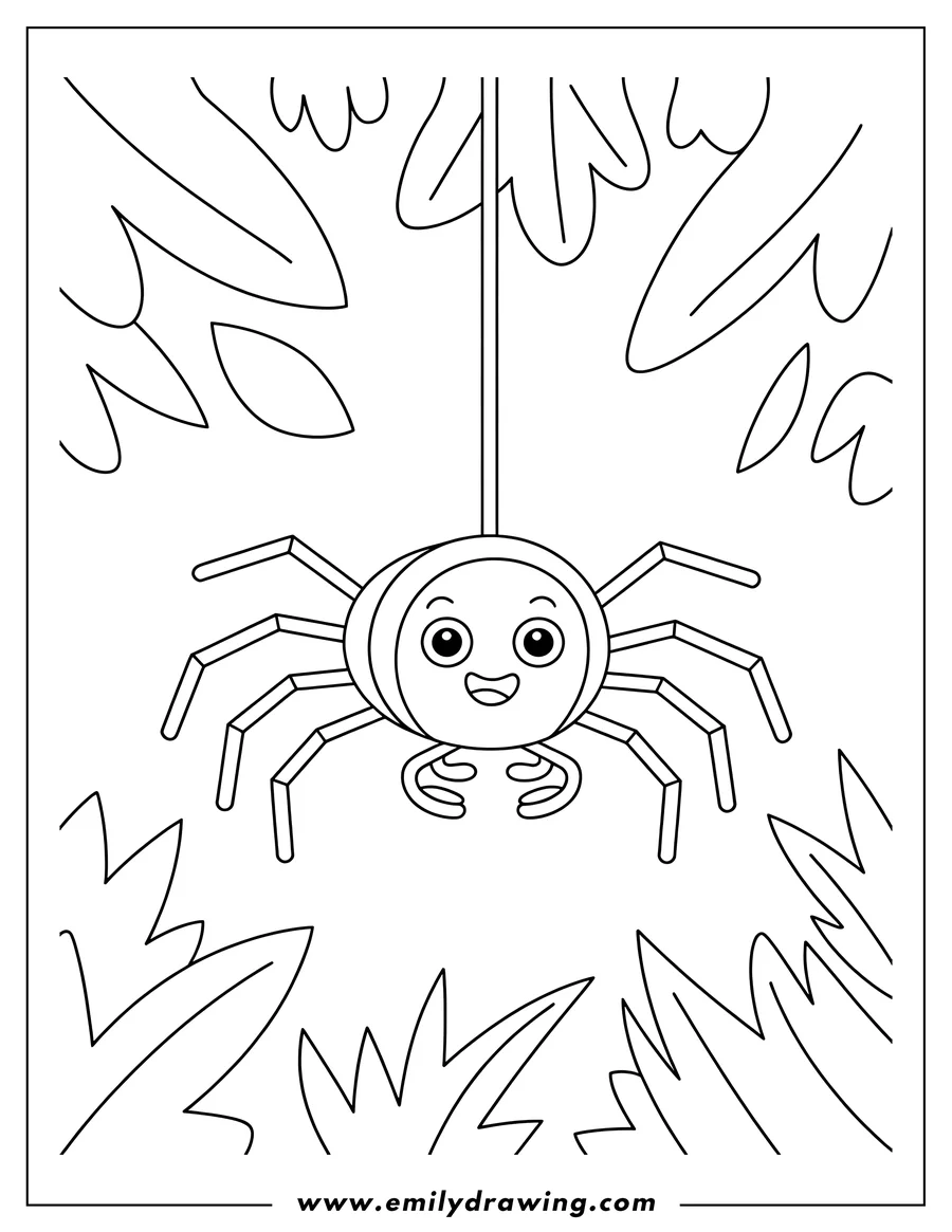 Outline of a smiling spider hanging upside down from a thread against a leafy background.