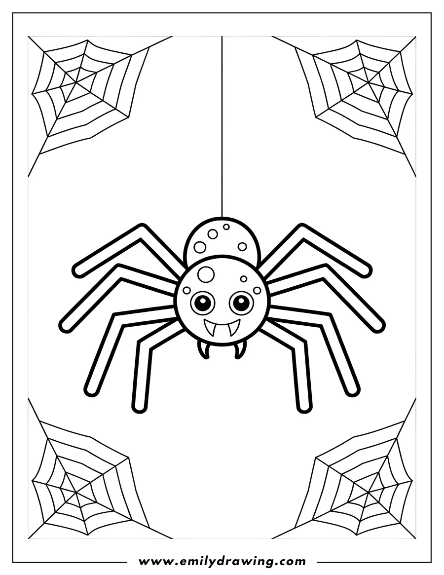 Outline of a spider hanging from its web.