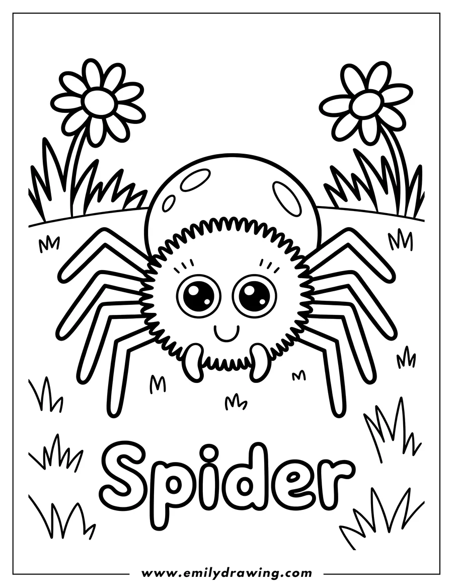 Outline of a cute spider sitting in the grass near flowers.
