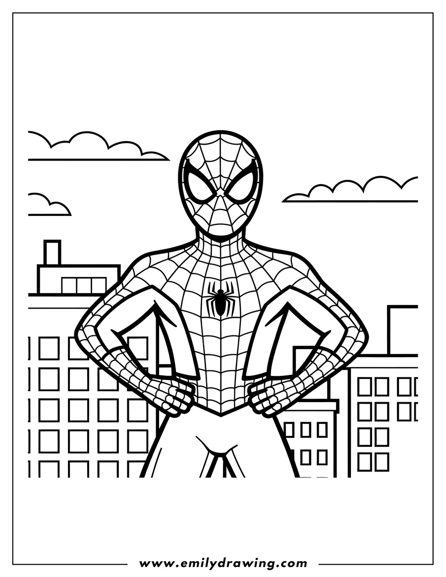 Line art of Spider-Man standing with his hands on his hips above a stylized cityscape.