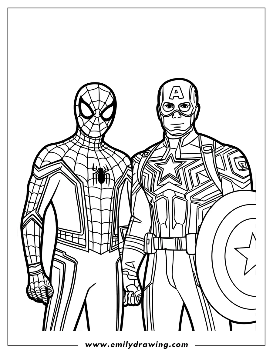 Line art of Spider-Man and Captain America standing side by side. Spider-Man's iconic webbed suit is detailed, while Captain America holds his shield.