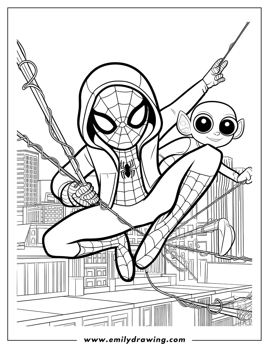 Line art of Spider-Man swinging with Baby Groot above a city skyline