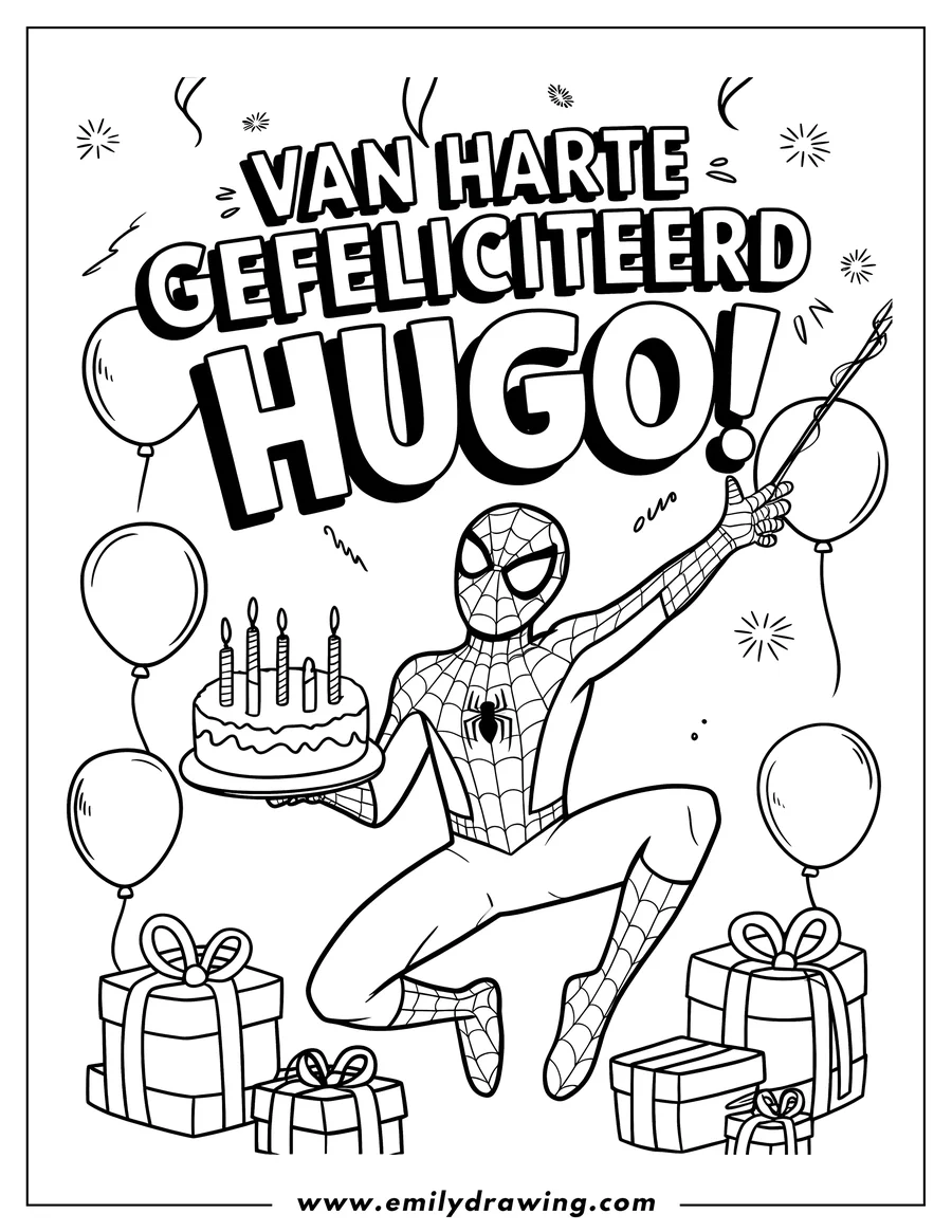 Line art of Spider-Man holding a birthday cake with candles, surrounded by presents and balloons. A celebratory banner is above him.