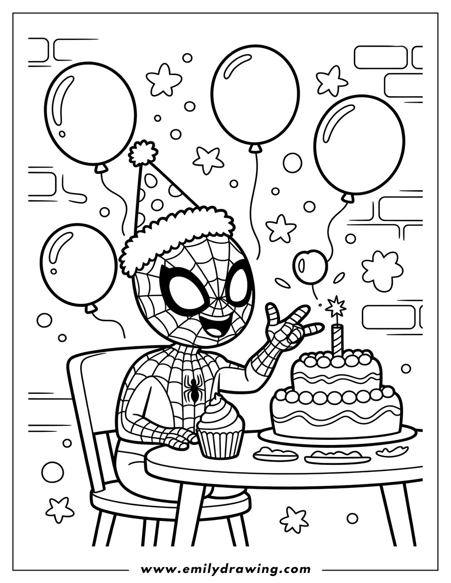 Outline of Spider-Man at his birthday party, wearing a party hat and sitting at a table with a birthday cake, cupcake, and balloons floating around.