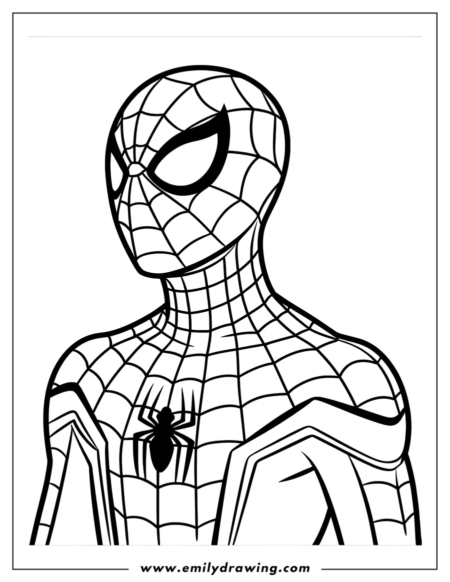 Line art of Spider-Man's bust. His iconic spider symbol is visible on his chest.