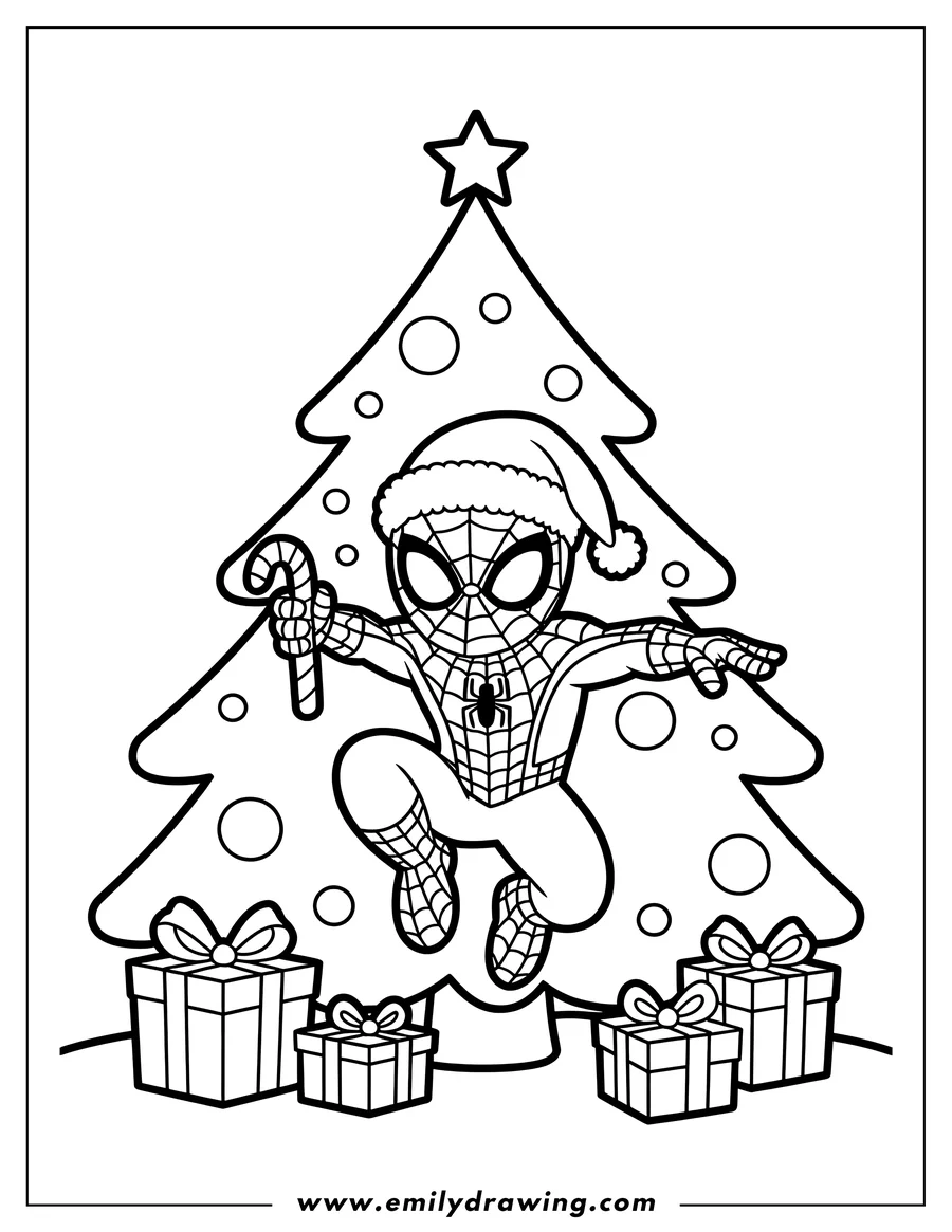Line art of Spider-Man wearing a Santa hat and holding a candy cane while jumping in front of a decorated Christmas tree with presents underneath.