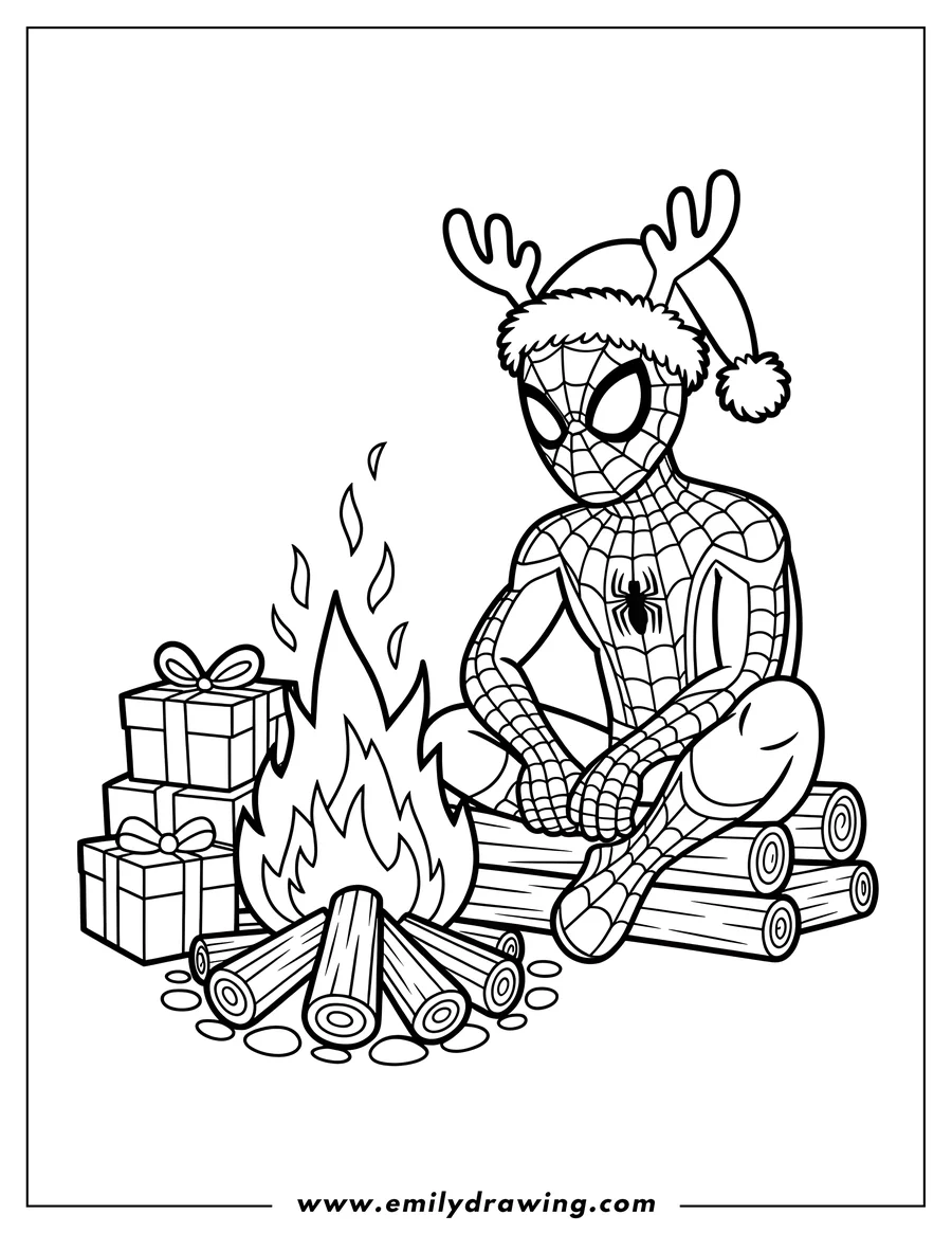 Line art of Spider-Man wearing a Santa hat with reindeer antlers, sitting by a campfire with presents nearby. It appears to be Christmas time.