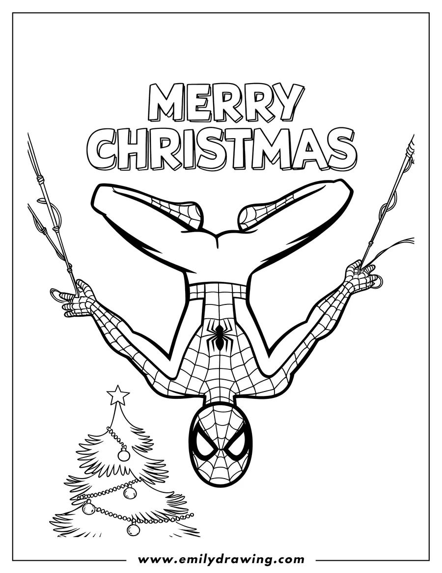Line art of Spider-Man hanging upside down near a decorated Christmas tree. He holds onto his web, and