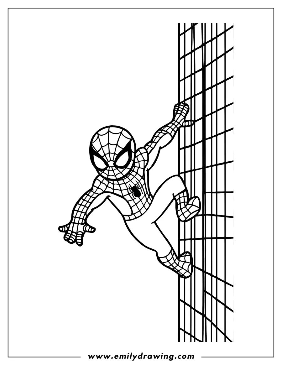 Line art of Spider-Man climbing a building.