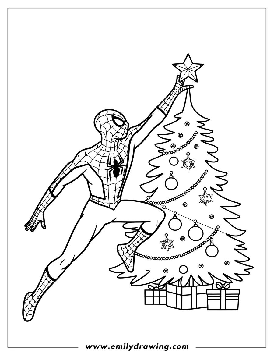 Line art of Spider-Man decorating a Christmas tree by placing a star on top. Presents are underneath the tree.