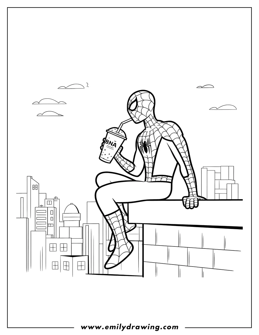 Spider-Man sits on a rooftop, enjoying a boba drink, with a cityscape in the background.