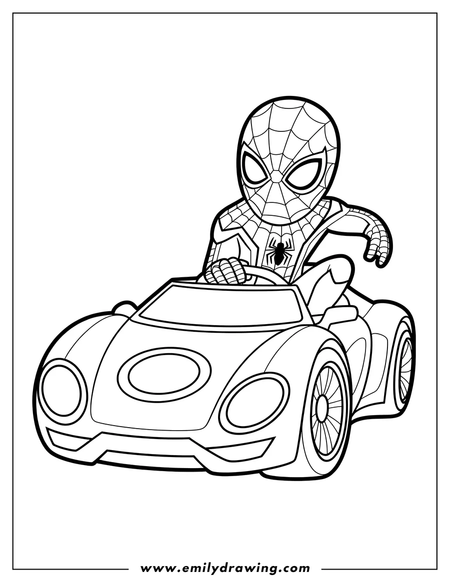 Outline of Spider-Man driving a sports car